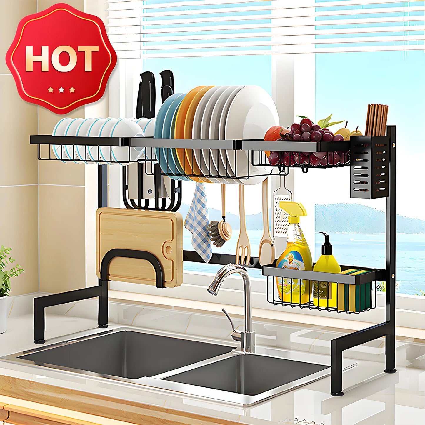 Double Layer Kitchen Sink Organizer With Drainage Bowl Rack