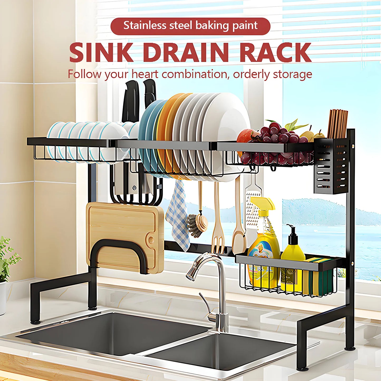 Double Layer Kitchen Sink Organizer With Drainage Bowl Rack