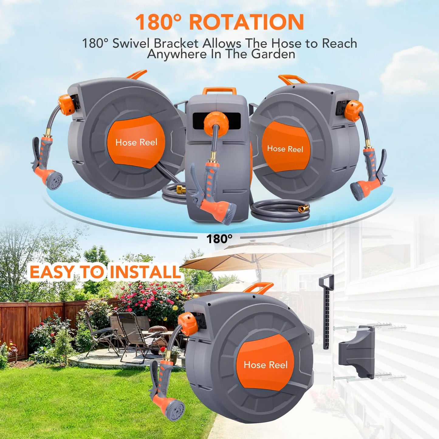 Retractable Garden Hose Reel with 9 Function Sprayer System