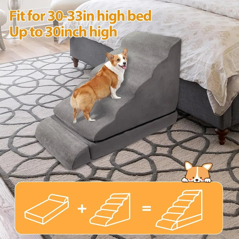 AFATI 6 Step Foam Dog Stairs For High Beds Non Slip
