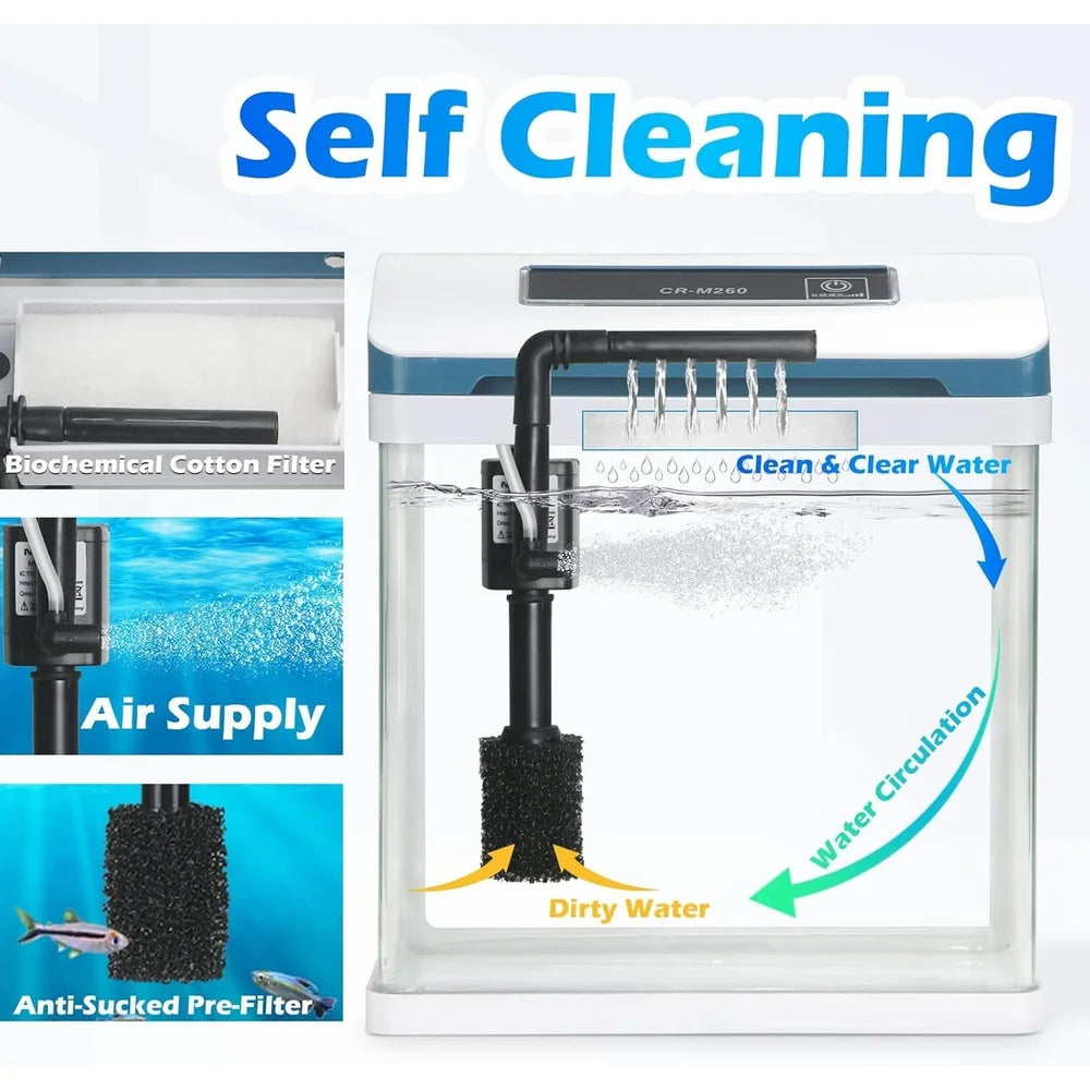 XMSJ Glass Aquarium Starter With LED Light Self Cleaning