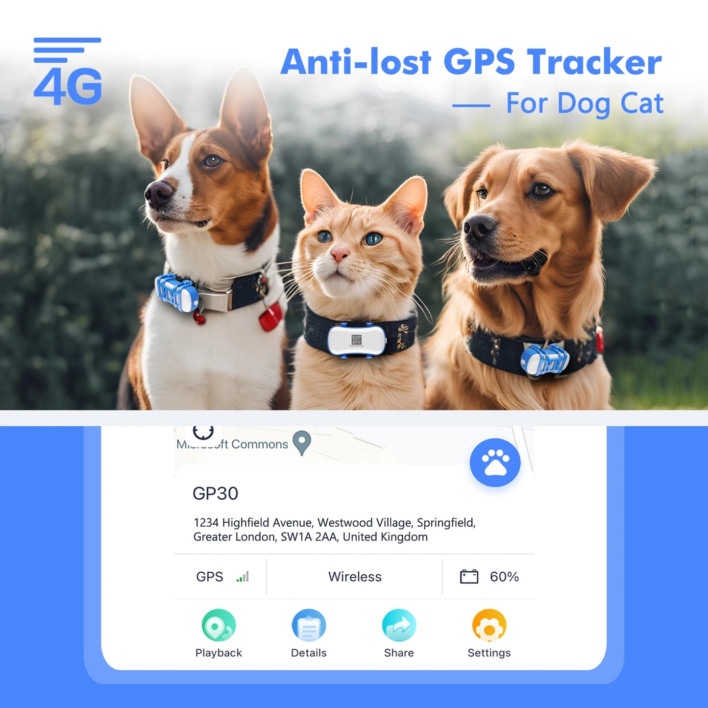 WANWAYTECH 4G Pet GPS Tracker Waterproof Live Tracking