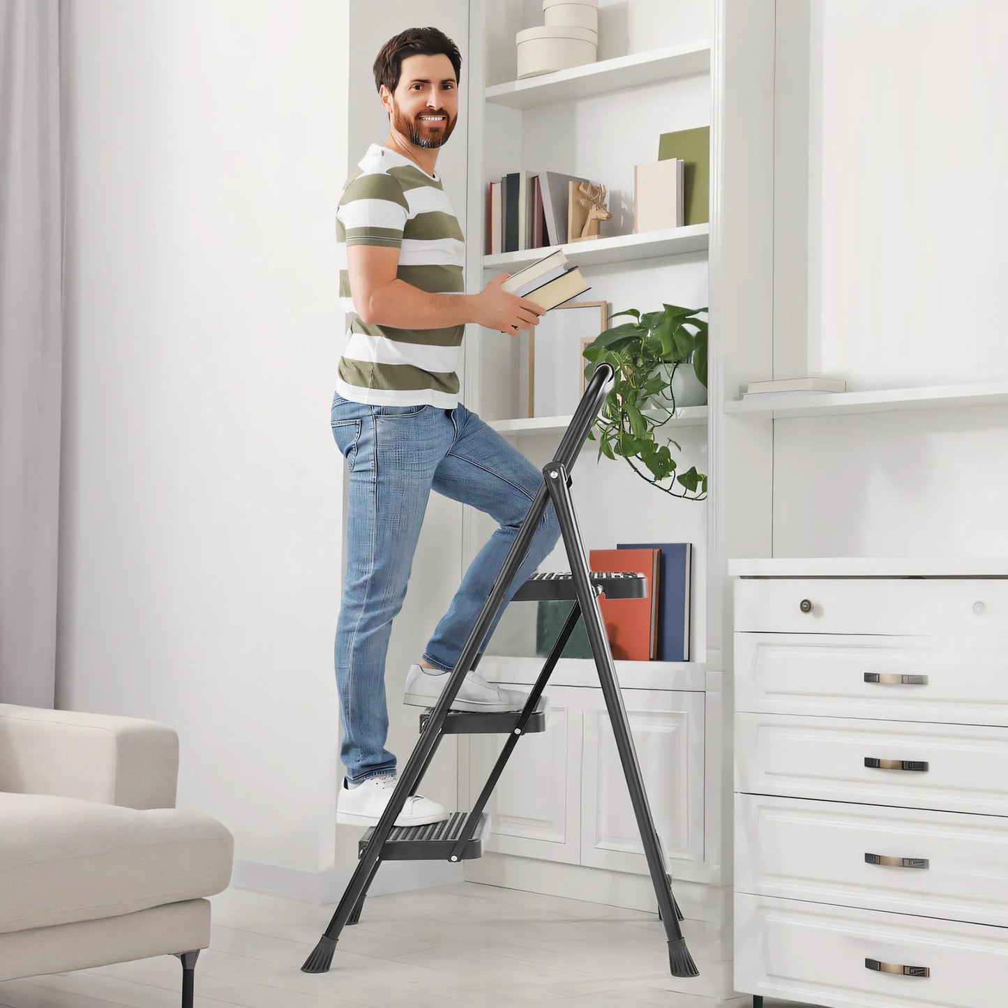 JHK Folding Two Step Ladder Stool With Anti Slip Pedal
