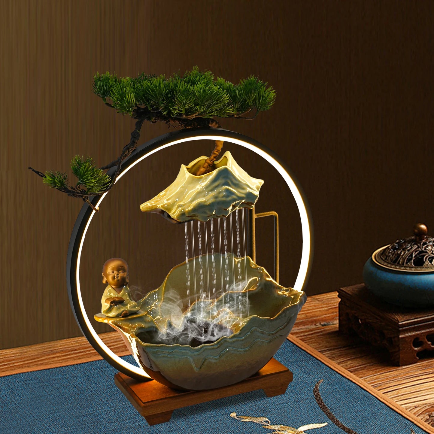 Bymaocar Modern Ceramic Wood Desktop Water Fountain