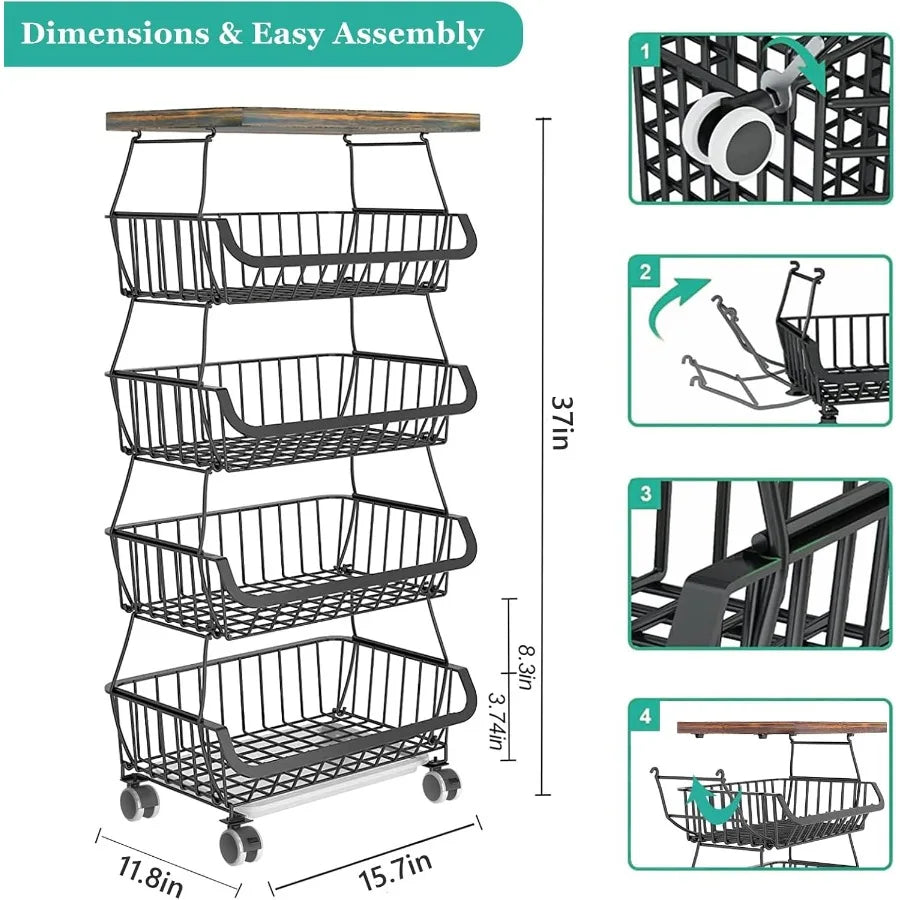 Stackable Wire Fruit Basket Organizer with Wooden Lid on Wheels