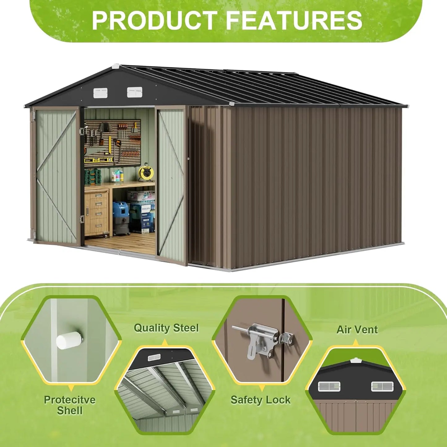 XMSJ Outdoor Storage Shed Metal Garden Tool Shed Backyard