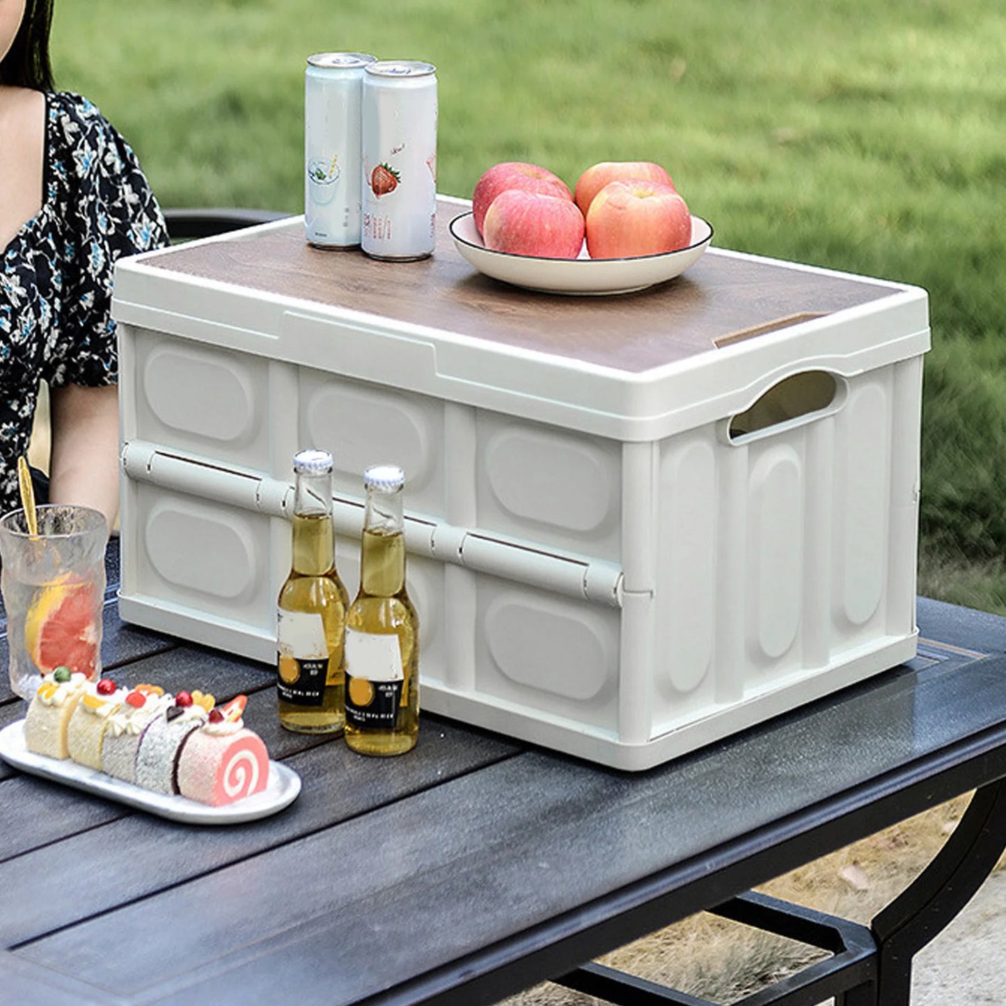 Outdoor Multifunctional Folding Storage Box with Wooden Panel