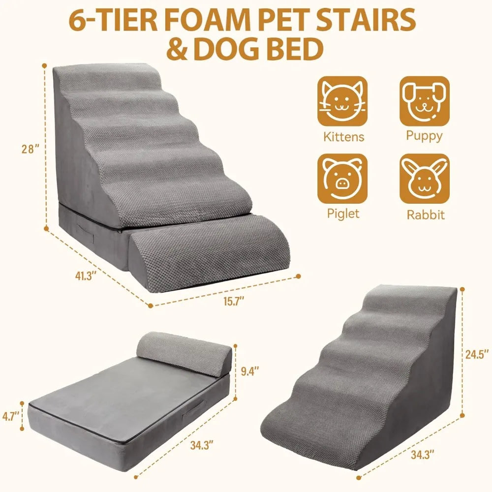AFATI 6 Step Foam Dog Stairs For High Beds Non Slip