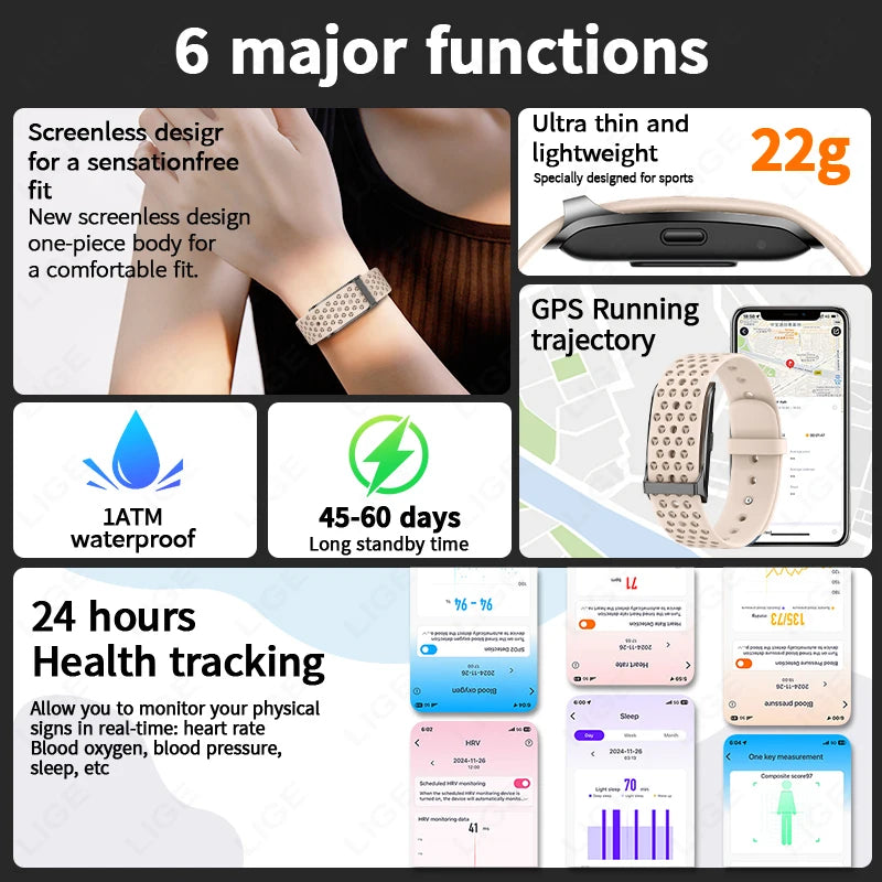 LIGE No Screen Smart Watch 20 Day Battery Blood Oxygen