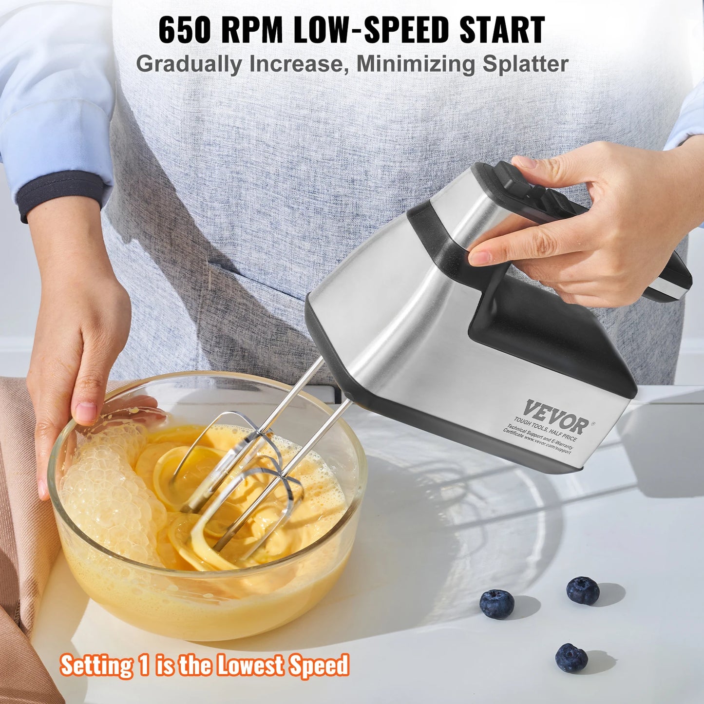 VEVOR Cordless Electric Hand Mixer 5 Gear 1100 RPM Pro