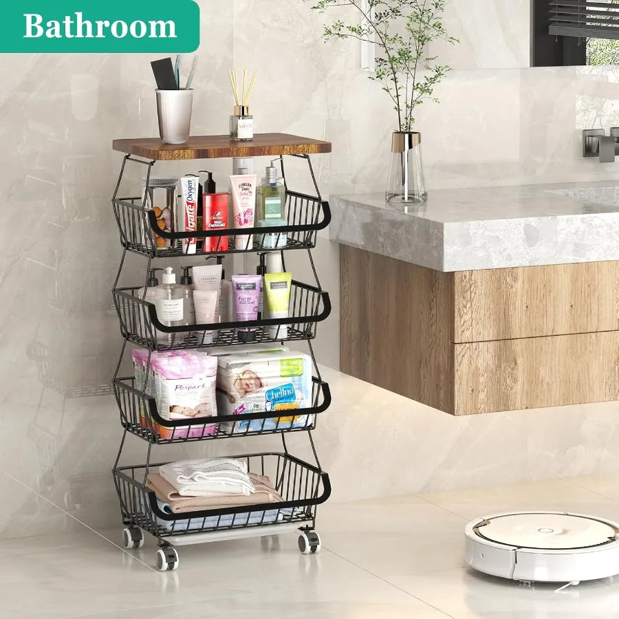 Stackable Wire Fruit Basket Organizer with Wooden Lid on Wheels