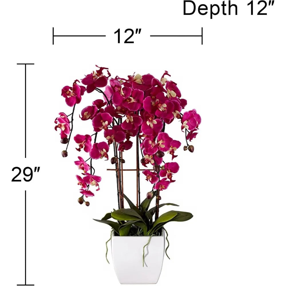 Realistic Purple Orchid Arrangement in White Ceramic Pot