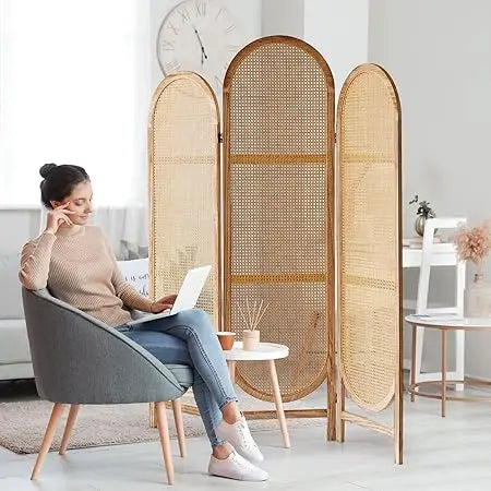 Hand-Woven Rattan Room Divider and Privacy Screen Panel