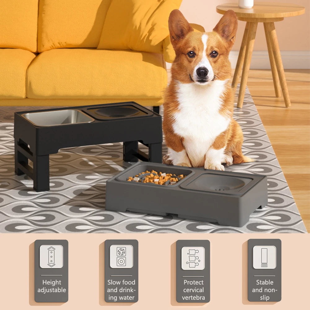 Adjustable Stainless Steel Slow Feed Dog Water Bowl Set