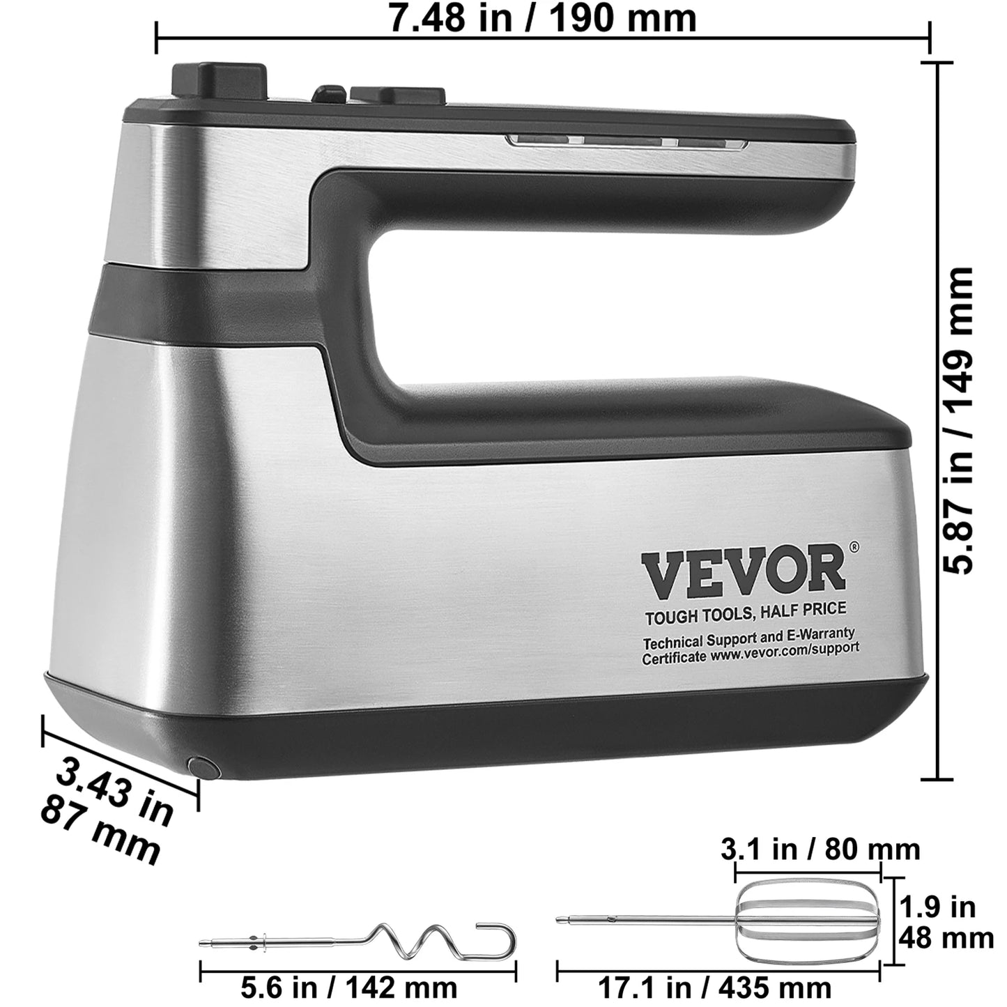 VEVOR Cordless Electric Hand Mixer 5 Gear 1100 RPM Pro