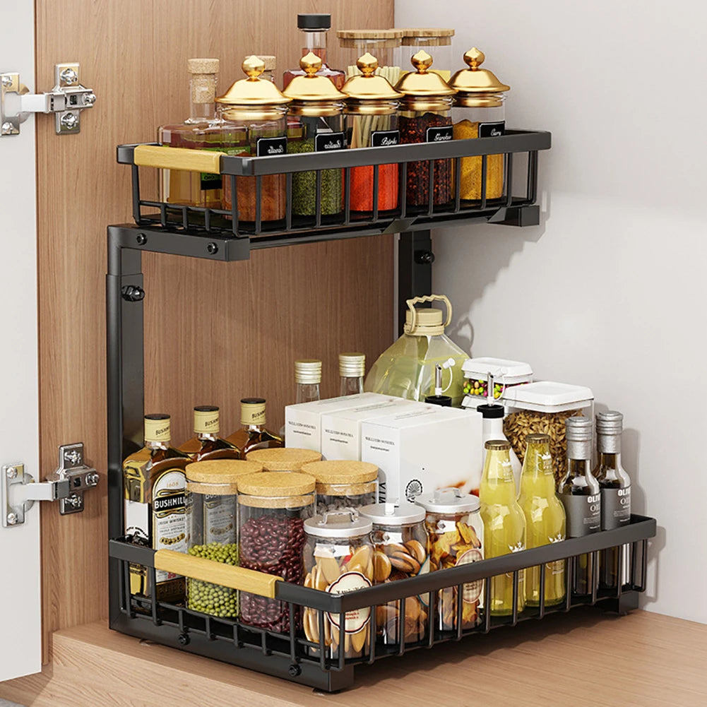 2-Tier Pull Out Cabinet Organizer For Kitchen And Bathroom