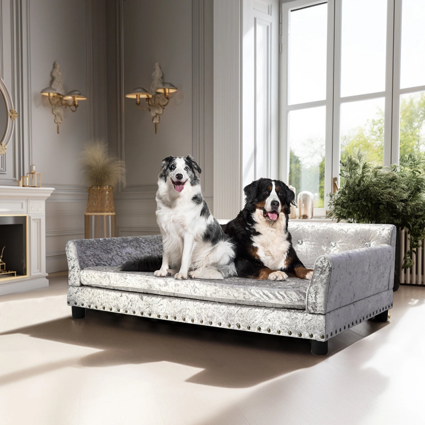 BORWARTCN Luxury Velvet Tufted Dog Sofa Bed Elevated Frame