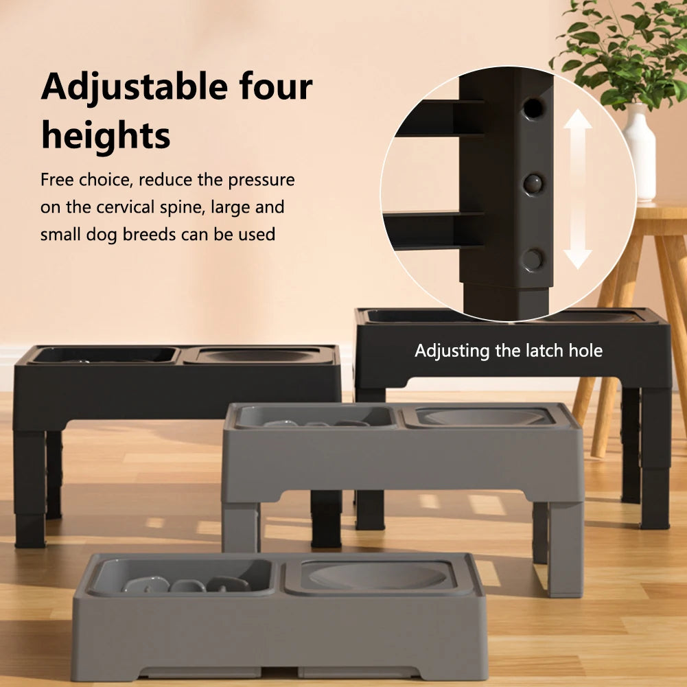 Adjustable Stainless Steel Slow Feed Dog Water Bowl Set