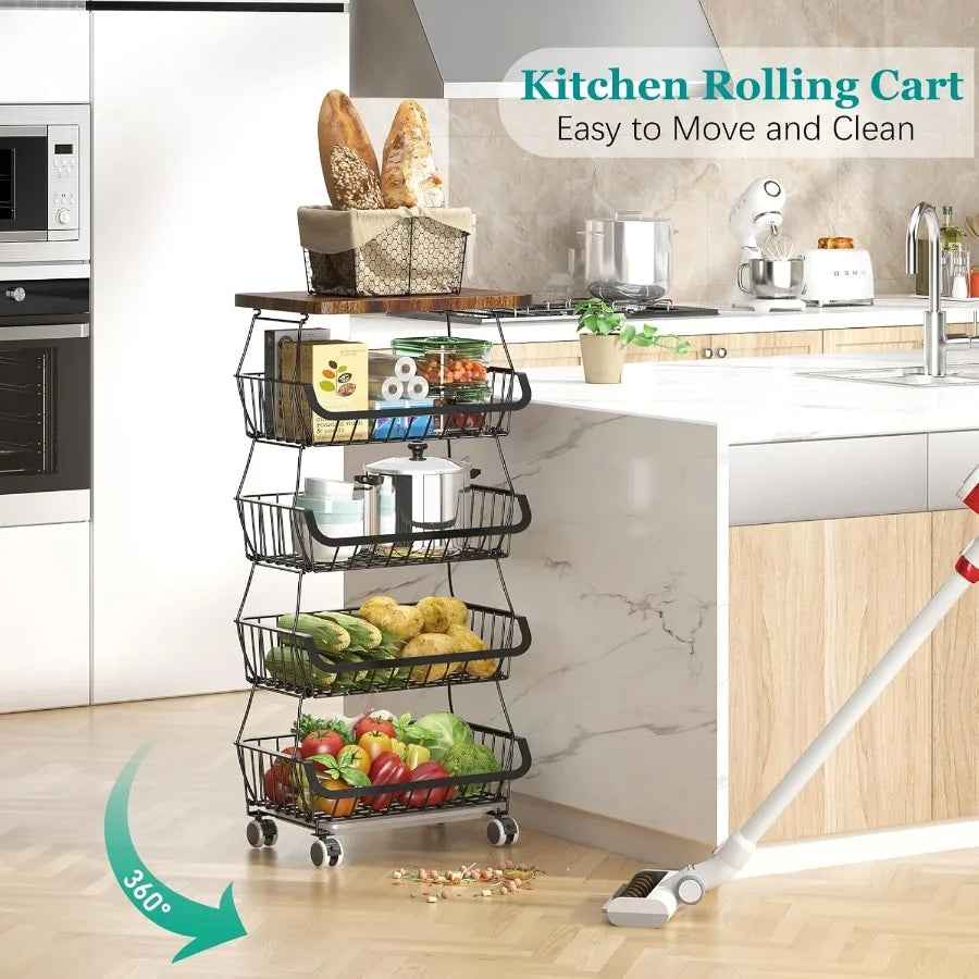 Stackable Wire Fruit Basket Organizer with Wooden Lid on Wheels