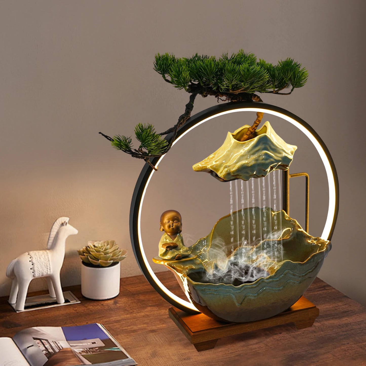 Bymaocar Modern Ceramic Wood Desktop Water Fountain