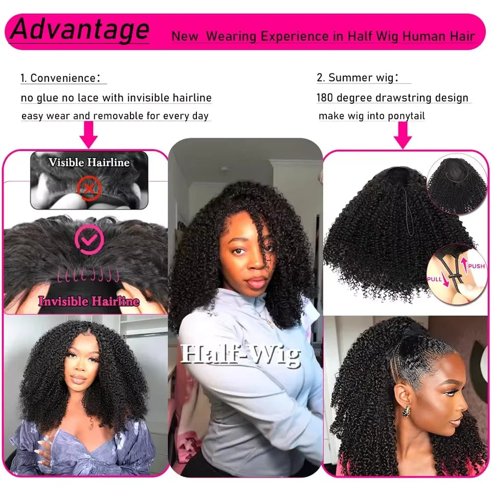 Curly Half Wig Upgrade with Drawstring Seamless Clip Ins
