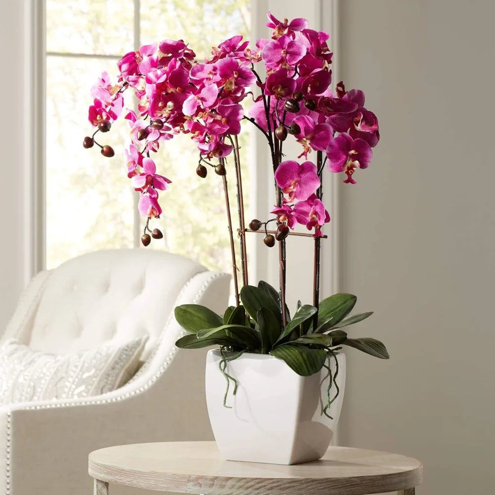 Realistic Purple Orchid Arrangement in White Ceramic Pot