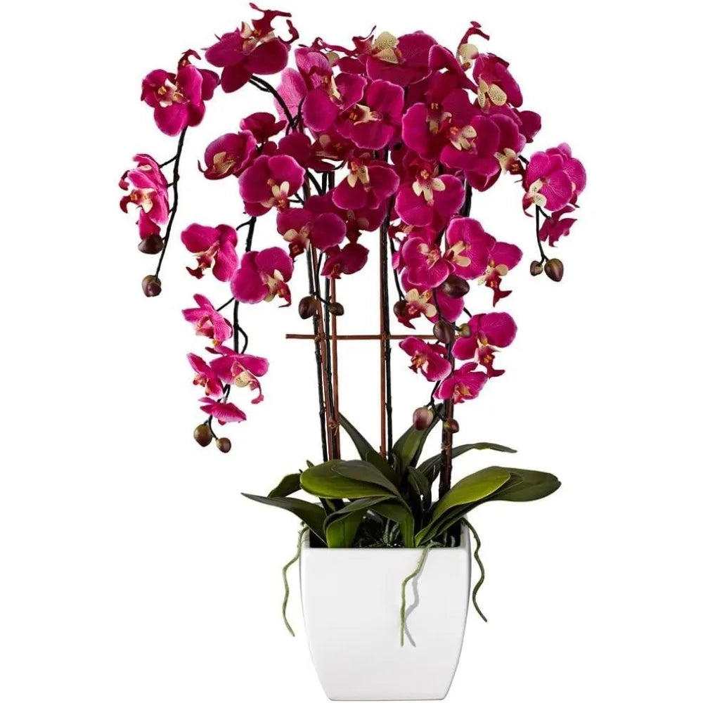 Realistic Purple Orchid Arrangement in White Ceramic Pot