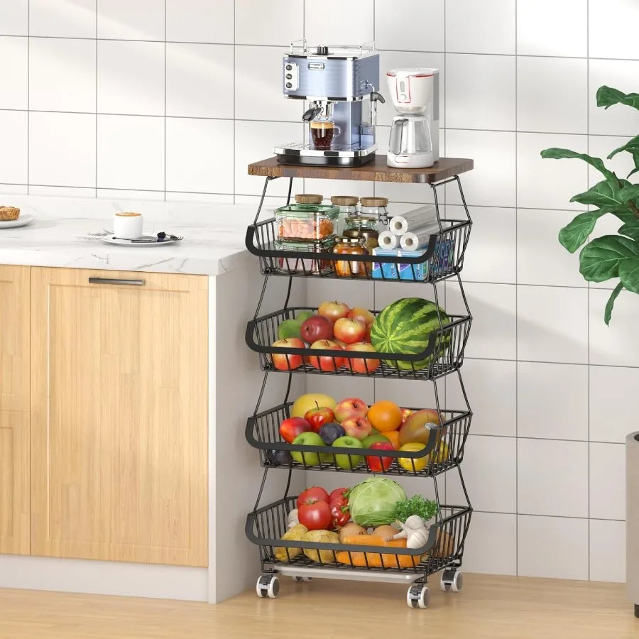 Stackable Wire Fruit Basket Organizer with Wooden Lid on Wheels