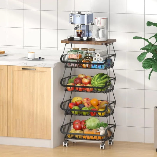 Stackable Wire Fruit Basket Organizer with Wooden Lid on Wheels