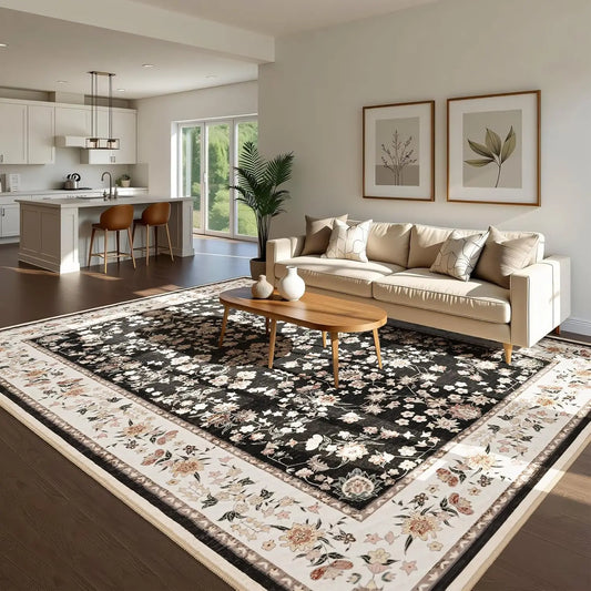 Vintage Floral Print Washable Area Rug for Living Room