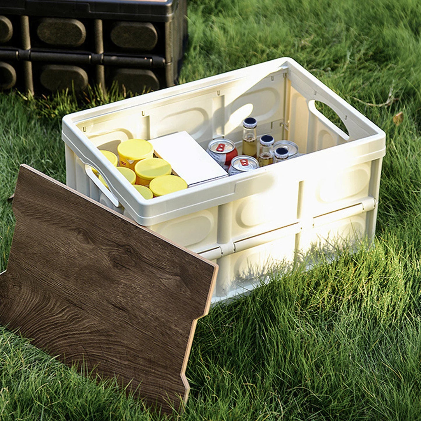 Outdoor Multifunctional Folding Storage Box with Wooden Panel