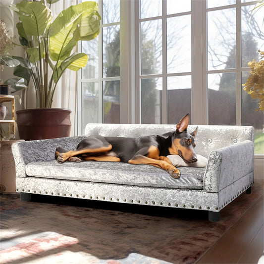 BORWARTCN Luxury Velvet Tufted Dog Sofa Bed Elevated Frame
