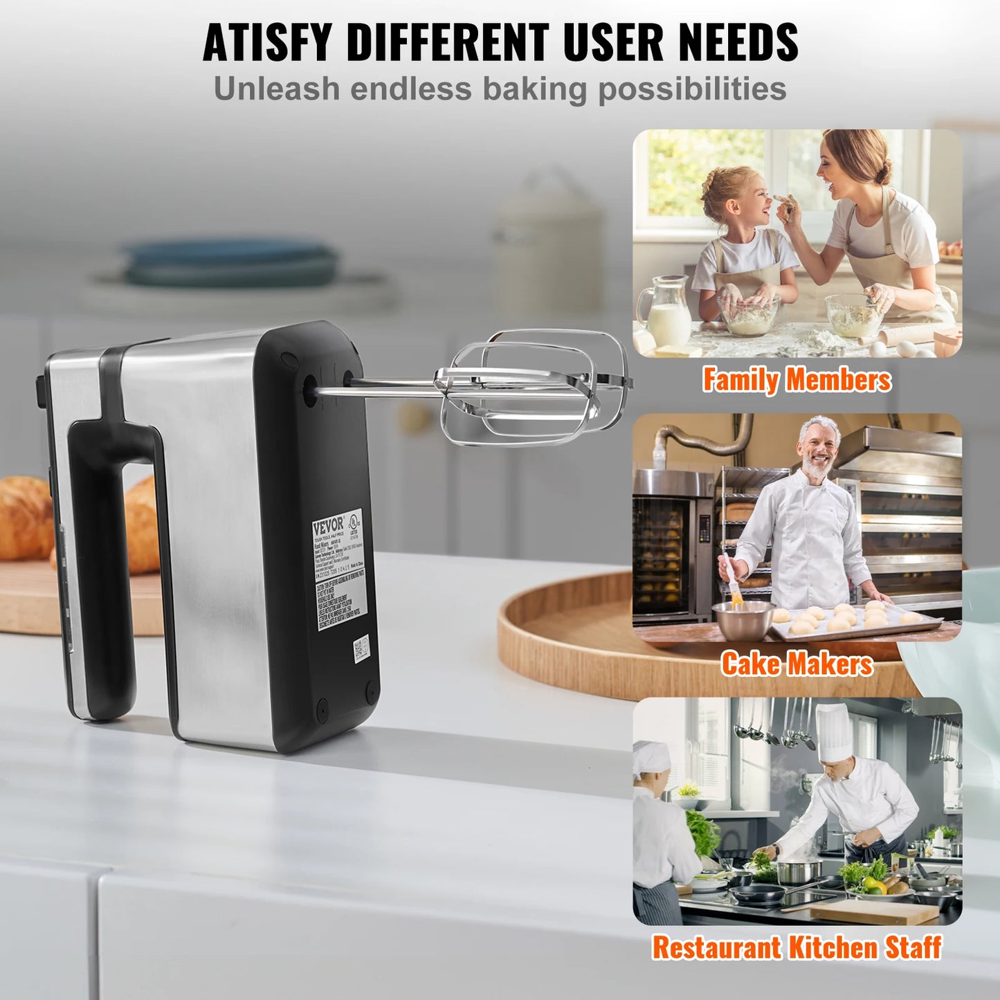 VEVOR Cordless Electric Hand Mixer 5 Gear 1100 RPM Pro