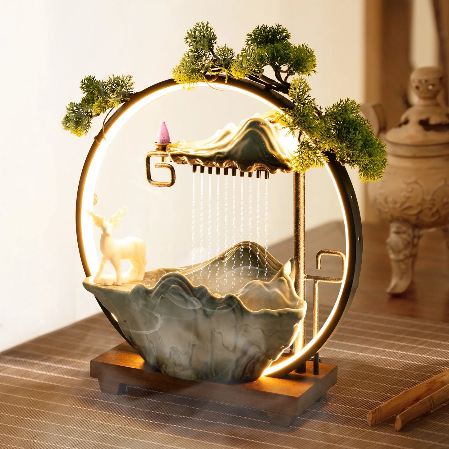 Indoor LED Waterfall Fountain with Mist Maker and Warm Light