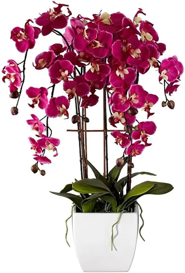 Realistic Purple Orchid Arrangement in White Ceramic Pot
