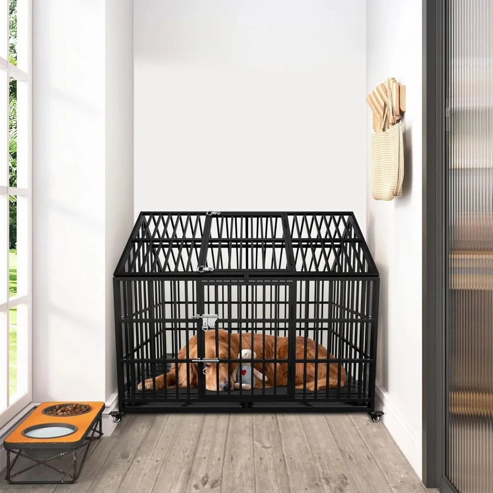 MKDK Heavy Duty Dog Crate Metal Kennel With Roof Lockable
