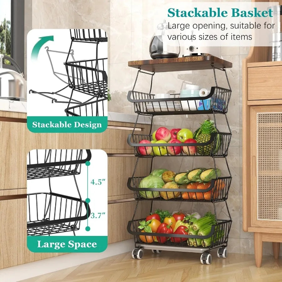 Stackable Wire Fruit Basket Organizer with Wooden Lid on Wheels