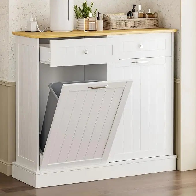 Double Tilt Out Trash Cabinet with Charging Station and Outlet