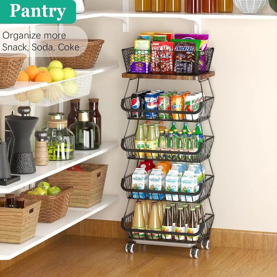 Stackable Wire Fruit Basket Organizer with Wooden Lid on Wheels