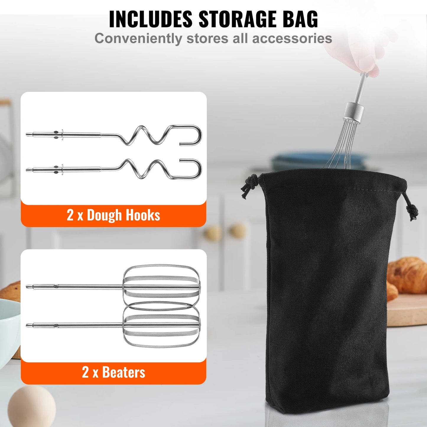 VEVOR Cordless Electric Hand Mixer 5 Gear 1100 RPM Pro