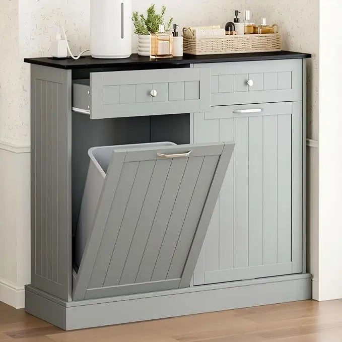 Double Tilt Out Trash Cabinet with Charging Station and Outlet