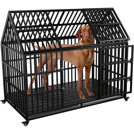 MKDK Heavy Duty Dog Crate Metal Kennel With Roof Lockable