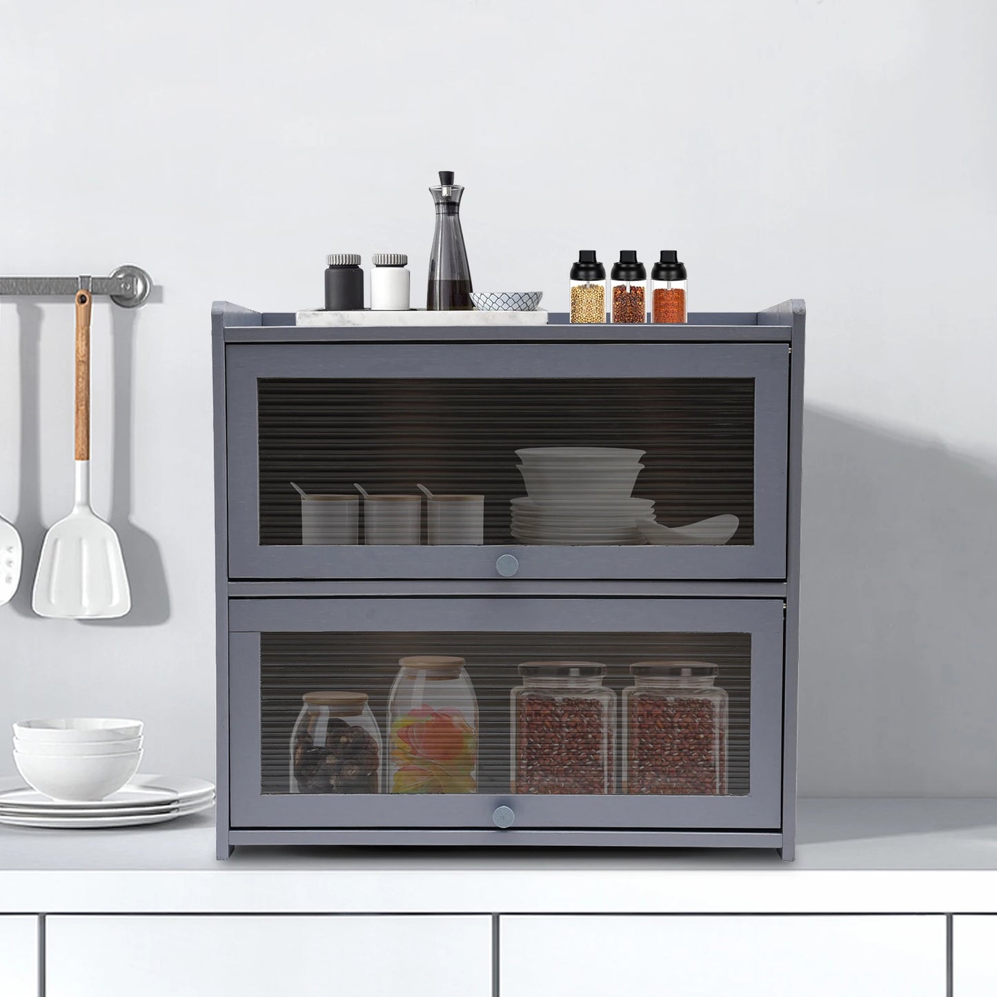 Bamboo 2-Tier Countertop Storage Cabinet for Kitchen Organization