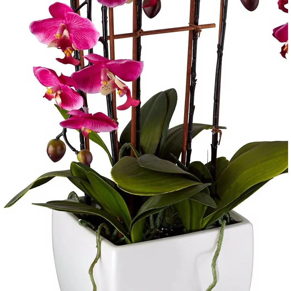 Realistic Purple Orchid Arrangement in White Ceramic Pot