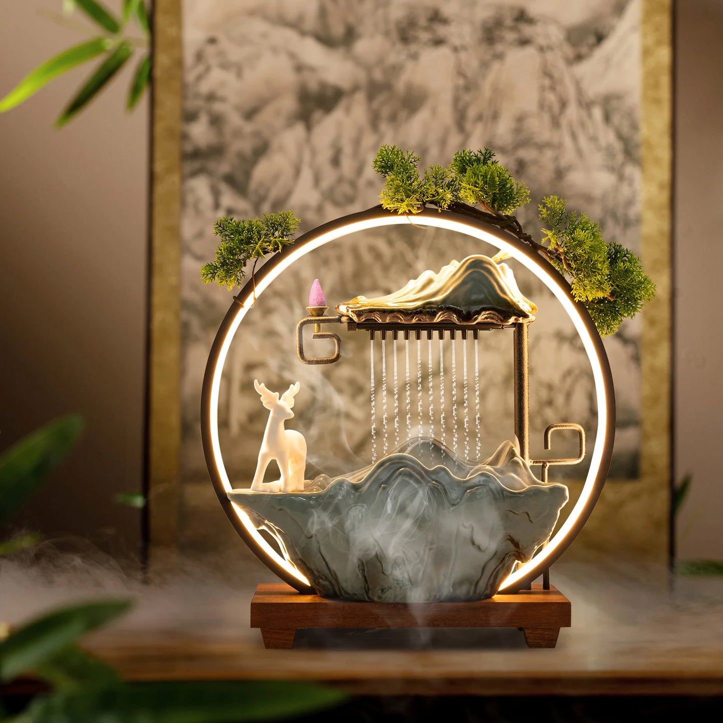 Indoor LED Waterfall Fountain with Mist Maker and Warm Light