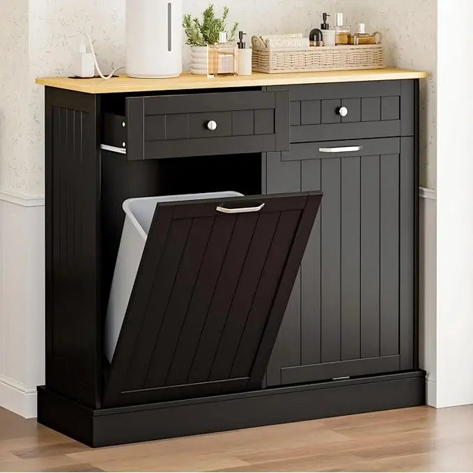 Double Tilt Out Trash Cabinet with Charging Station and Outlet