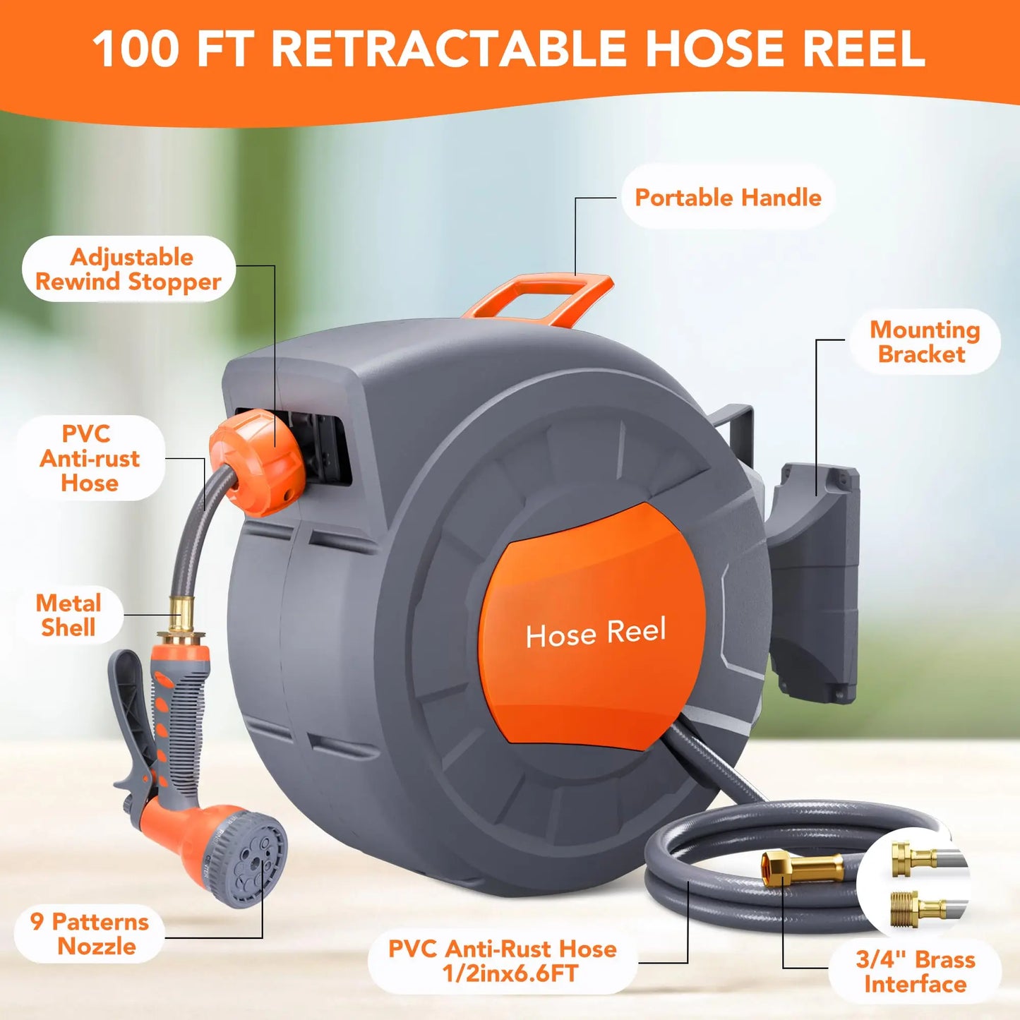Retractable Garden Hose Reel with 9 Function Sprayer System