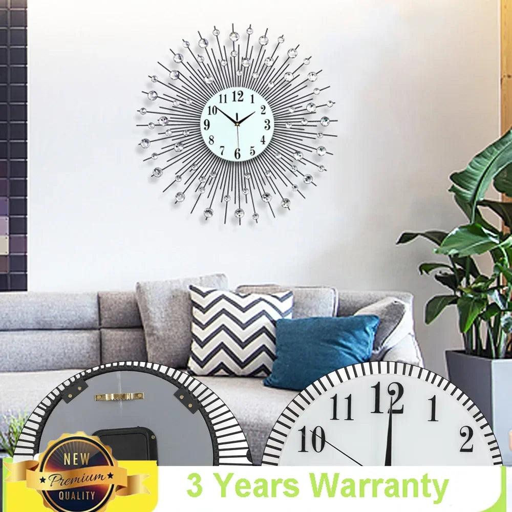 Display 3D Sunburst Metal Wall Clock Diamond Modern Decor