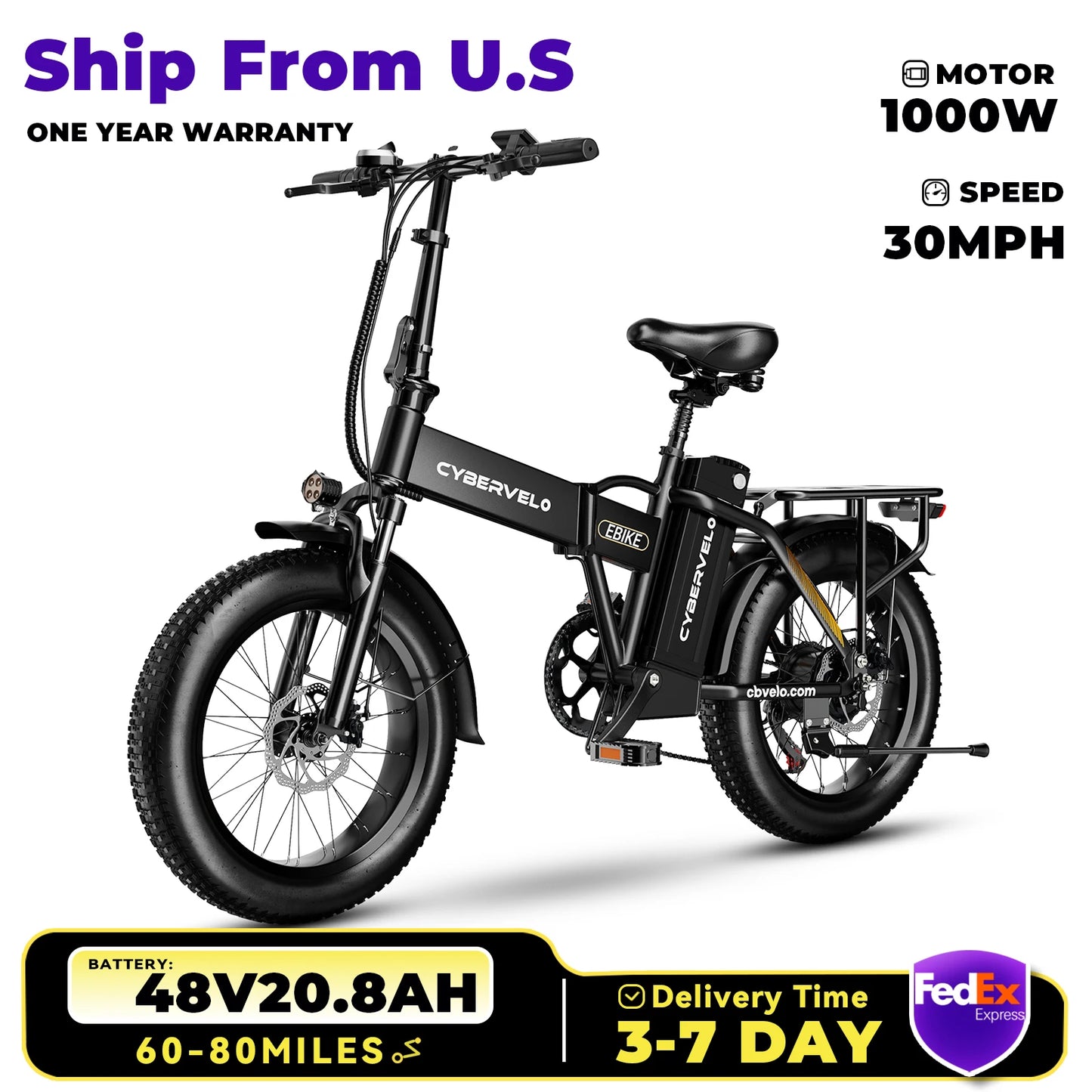 CYBERVELO Folding Electric Bike 1000W 48V Battery 80 Miles