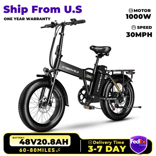 CYBERVELO Folding Electric Bike 1000W 48V Battery 80 Miles